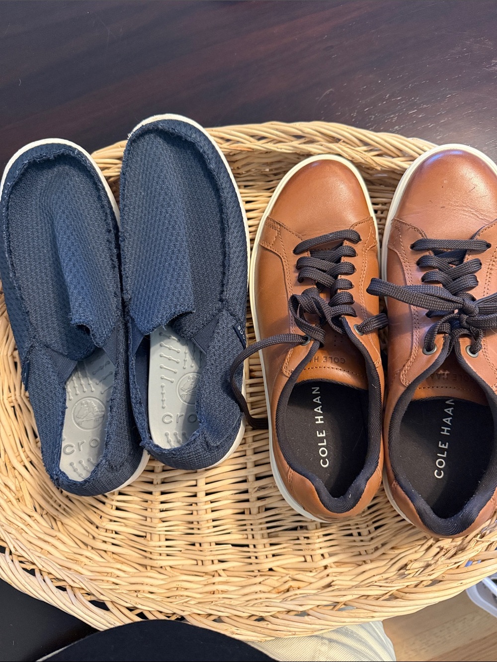 Cole Haan Men’s Brown Leather Sneakers and croc Navy Slip-Ons